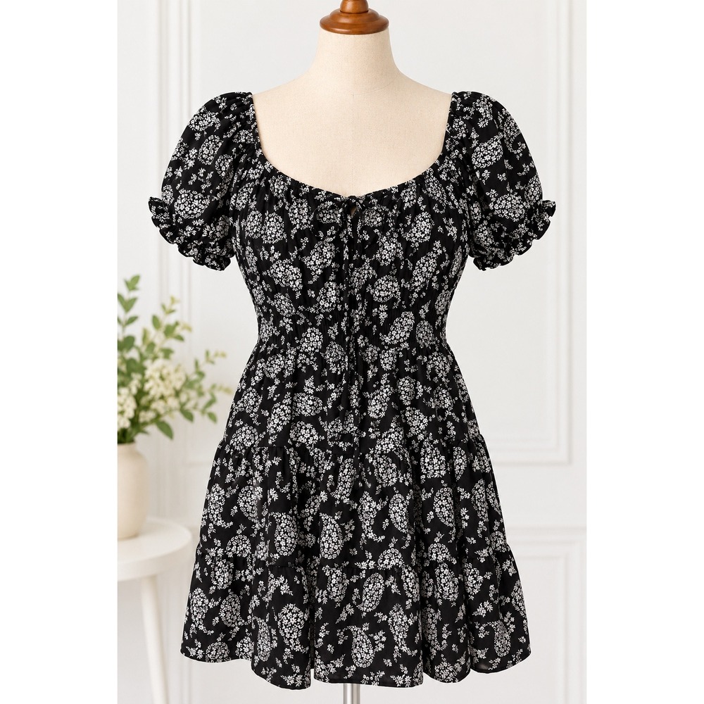 Hesperus Black White Floral Mini Dress XL Puff Sleeve Smocked Tie Front Cottage